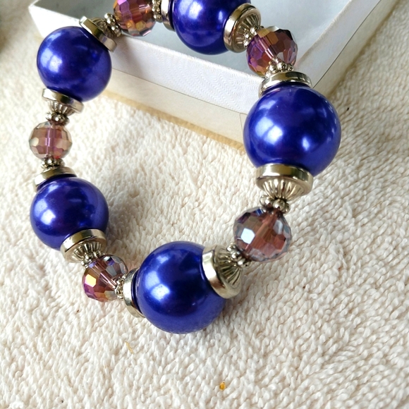 🔥🔥🔥🔥 !!! 🆕 Chunky Bracelet Purple W/Crystal & Bead Caps Hand-Made - Picture 5 of 9